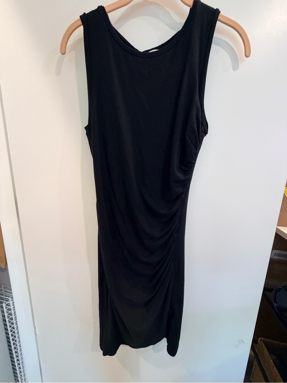 Good American Black Sleeveless Ruched Midi Dress with Side Gather